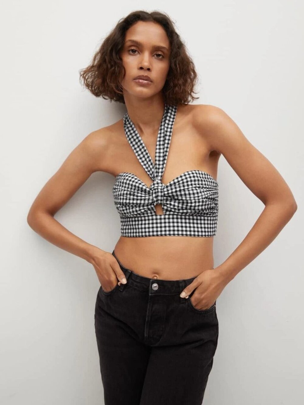 MANGO Black White Gingham Check Seersucker Halter Neck Cropped Tank Top, Size S